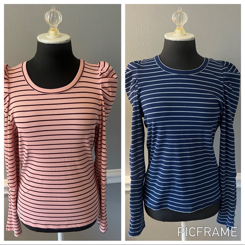 Anthropologie Maeve Striped Puff-Sleeve Long Sleeve Tees in Pink & Navy